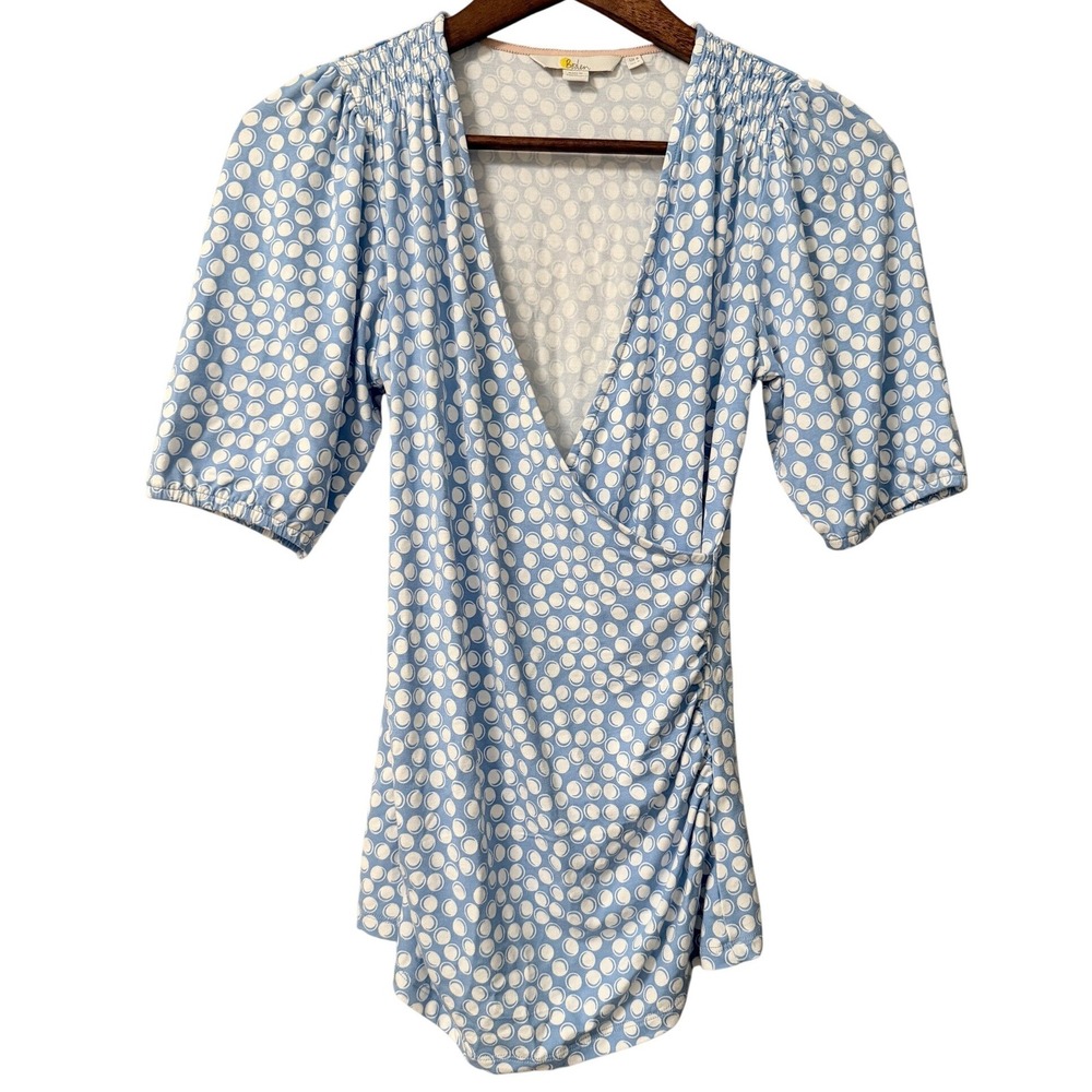 Boden Joanna Polka Dot Cotton Wrap Jersey Blouse Pale Blue‎ Size 4